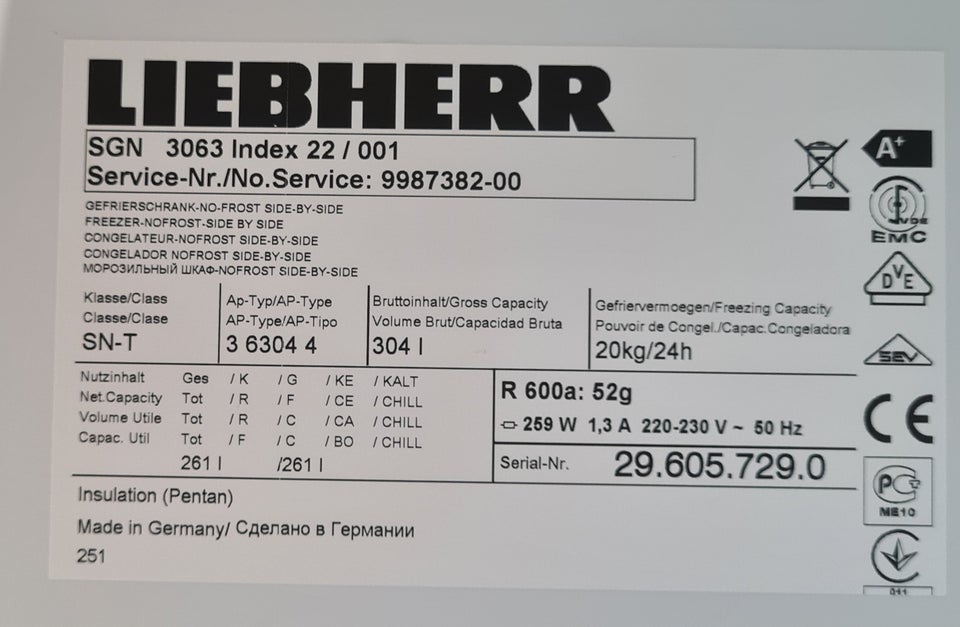 Fryseskab, Liebherr SGN 3063-22,