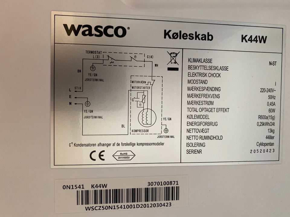 Køle/svaleskab, Wasco K44w, 44