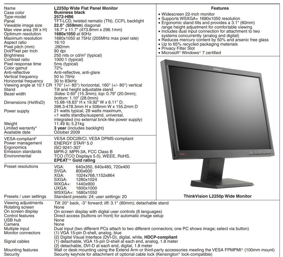 Lenovo ThinkVision L2250p 22