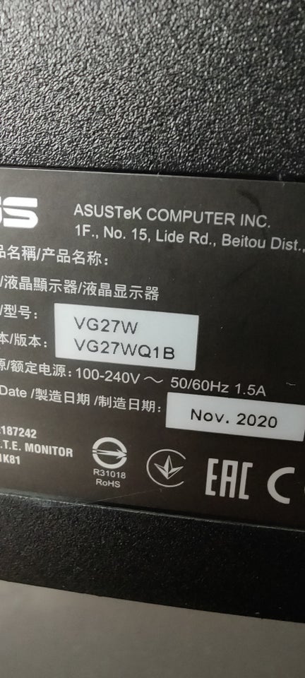 ASUS VG27WQ1B 27 tommer