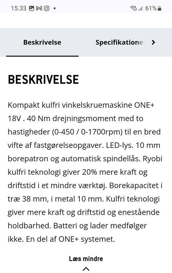 Vinkelskruemaskine Ryobi one+