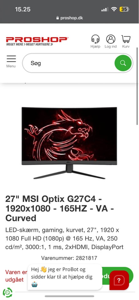 Msi 165 hz  27 tommer