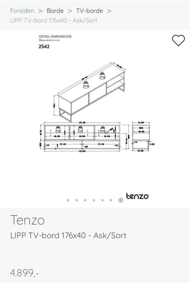 Tv-bænk, ask, b: 176 d: 43 h: 57