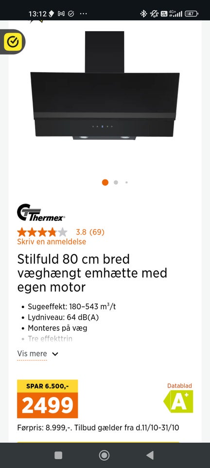 Emhætte, Thermex Vertical 4080, b: