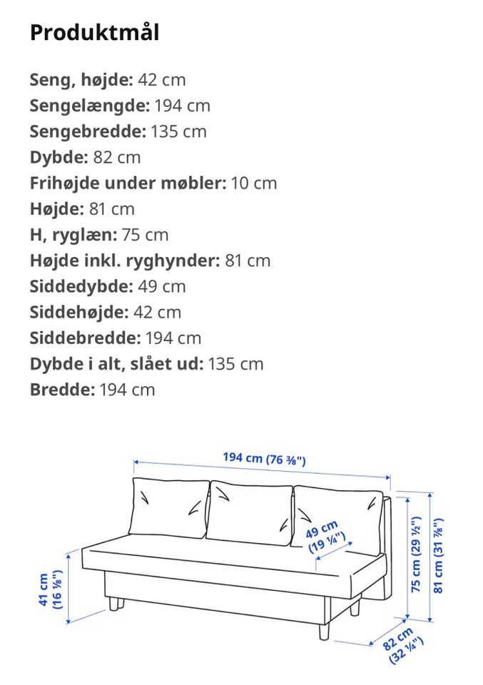 Sovesofa, IKEA, b: 135 l: 194 h: 42