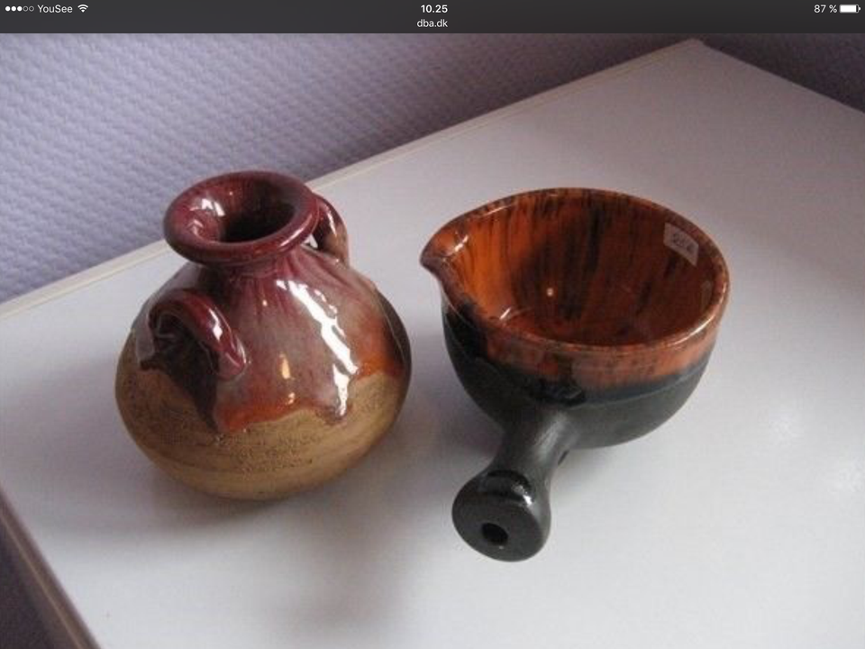 Ældre Keramik Vase med Hanke og Skål
