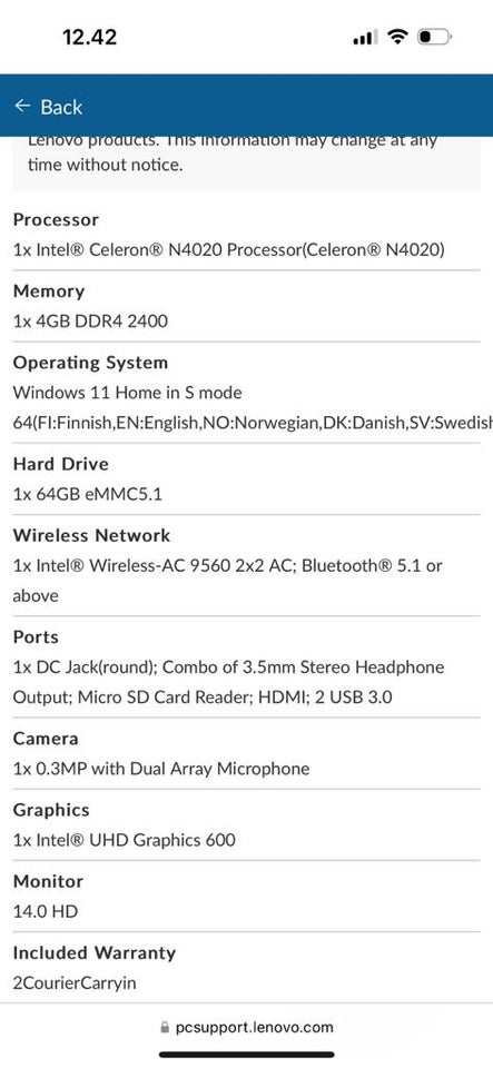 Lenovo IdeaPad , 1x intel N4020 GHz,