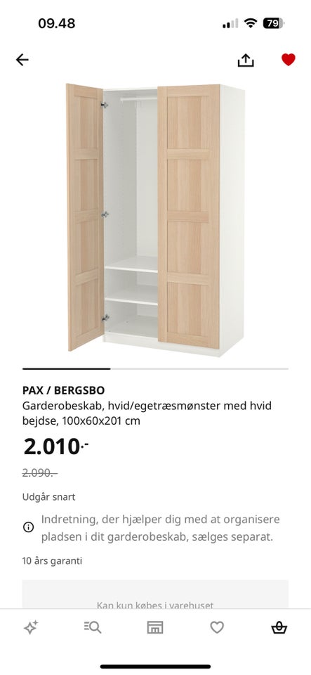 Garderobeskab, Ikea, b: 100 d: 60 h: