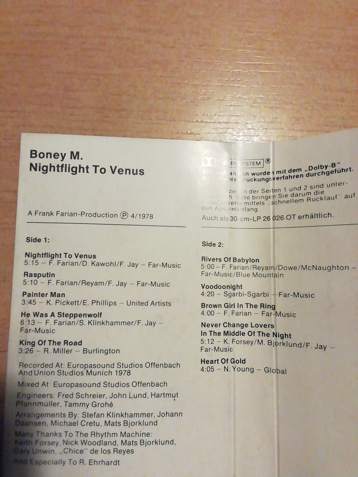 Bånd, Boney m, Nightflight to venus