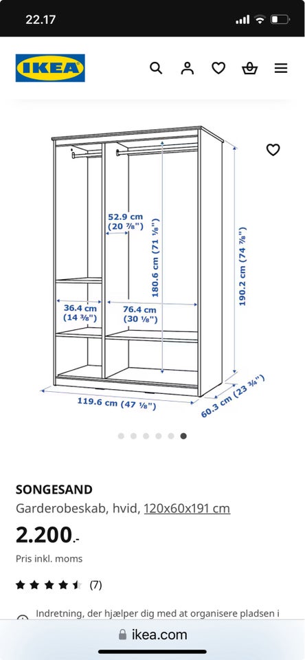 Klædeskab, IKEA, b: 120 d: 60 h: 190