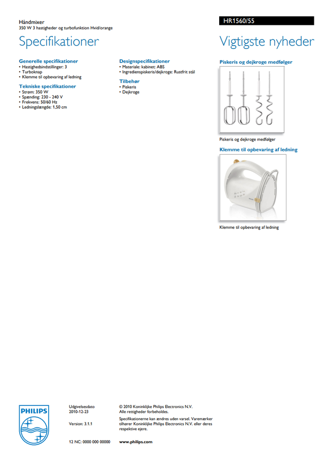 Håndmixer 350 W, Philips HR1560