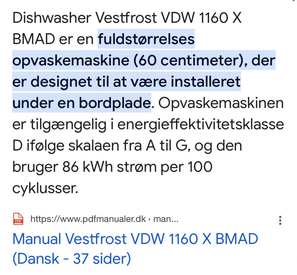 Andet mærke Vestfrost VDW 1160 X