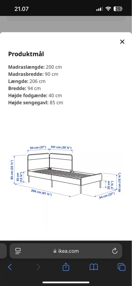 Sengeramme, Ikea, b: 90 l: 200 h: 85