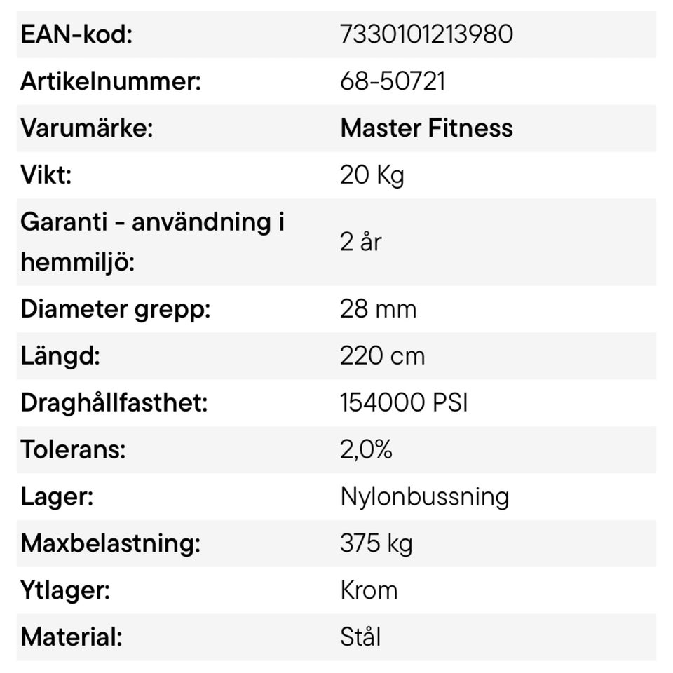 Vægtstang, Ø50 Barbell / 20 kg