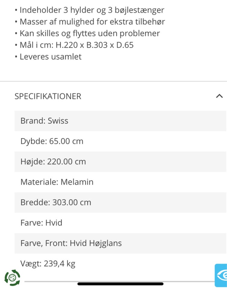 Klædeskab b: 305 d: 60 h: 220