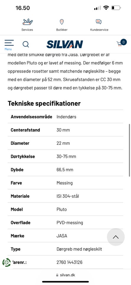 Dørgreb med nøgleskilt i messing,