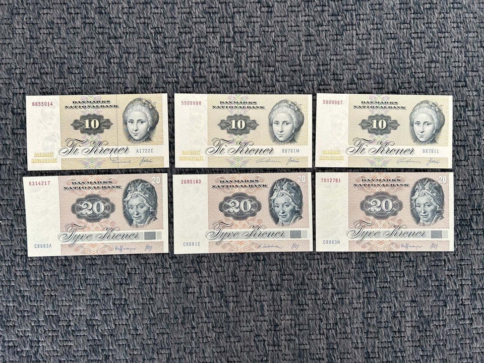 Danmark, sedler, 3x 20 kr  3 x 10 kr.