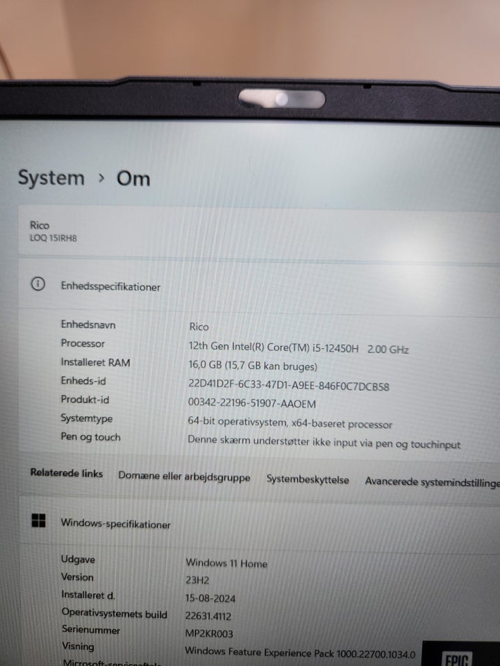 Lenovo lenovo loq 15irh8, 16 GB ram,