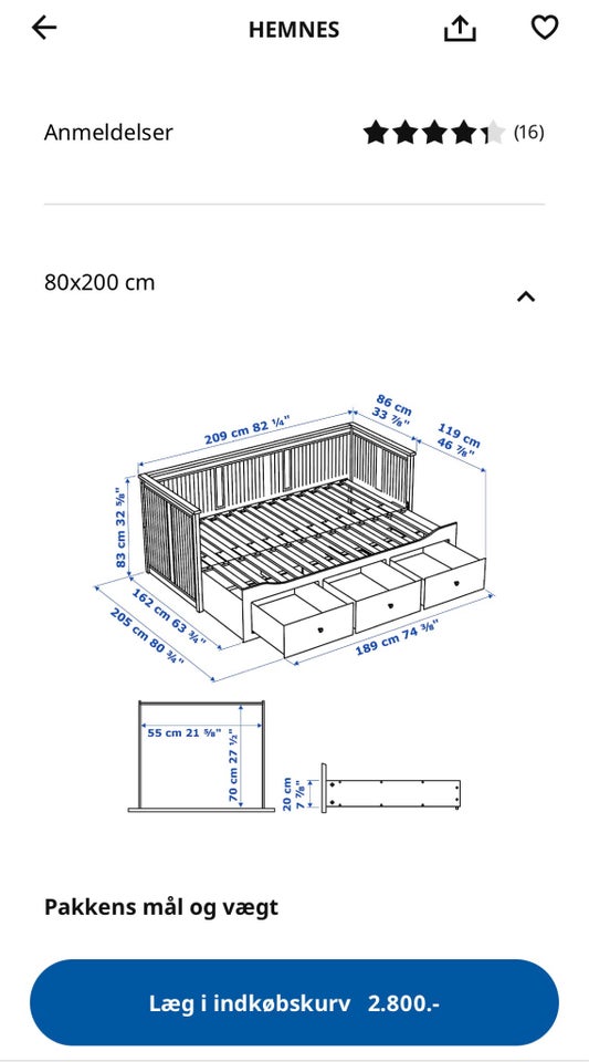 Gæsteseng, Ikea, b: 80 l: 200 h: 83