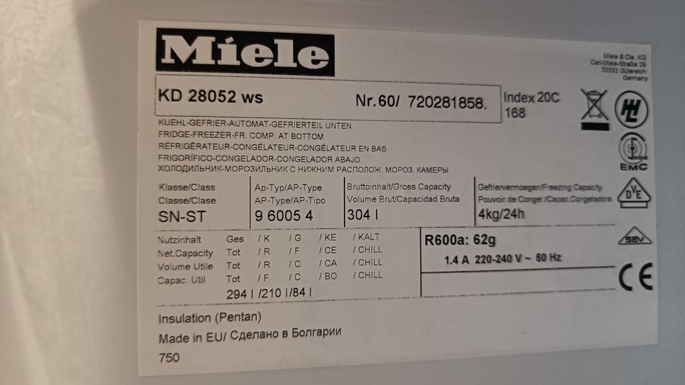 Køle/fryseskab, Miele Kd 28050 ws