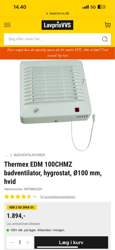 Vådrumsventilator Thermex helt