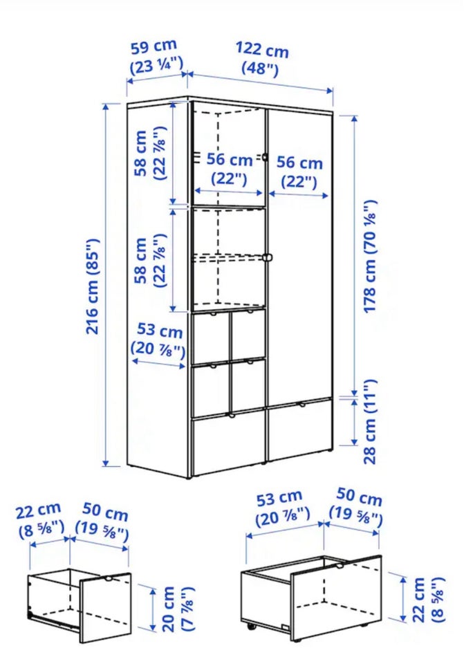 Garderobeskab, b: 122 d: 59 h: 216