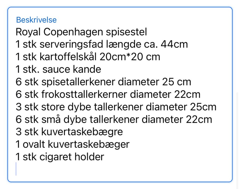 Porcelæn, Spise stel fra