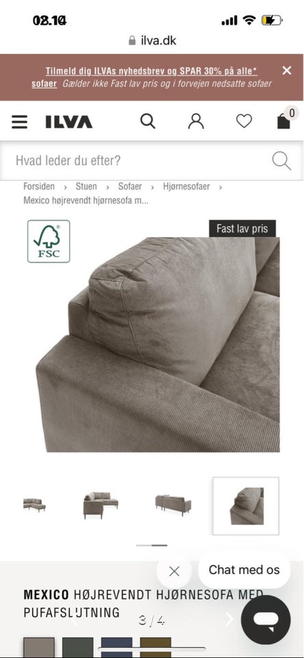 Hjørnesofa, fløjl, 3 pers.