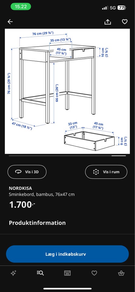 Skrivebord, IKEA NORDKISA, b: 76 d: