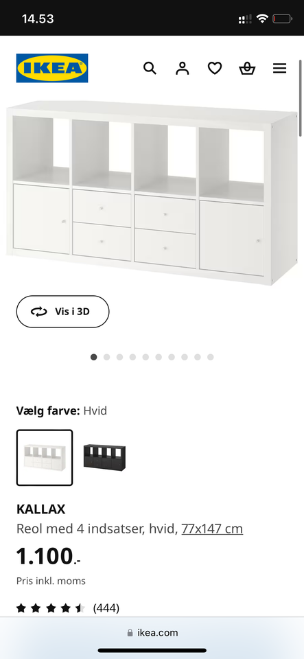 Reol, Ikea Kallax, b: 147 d: 39 h: 77