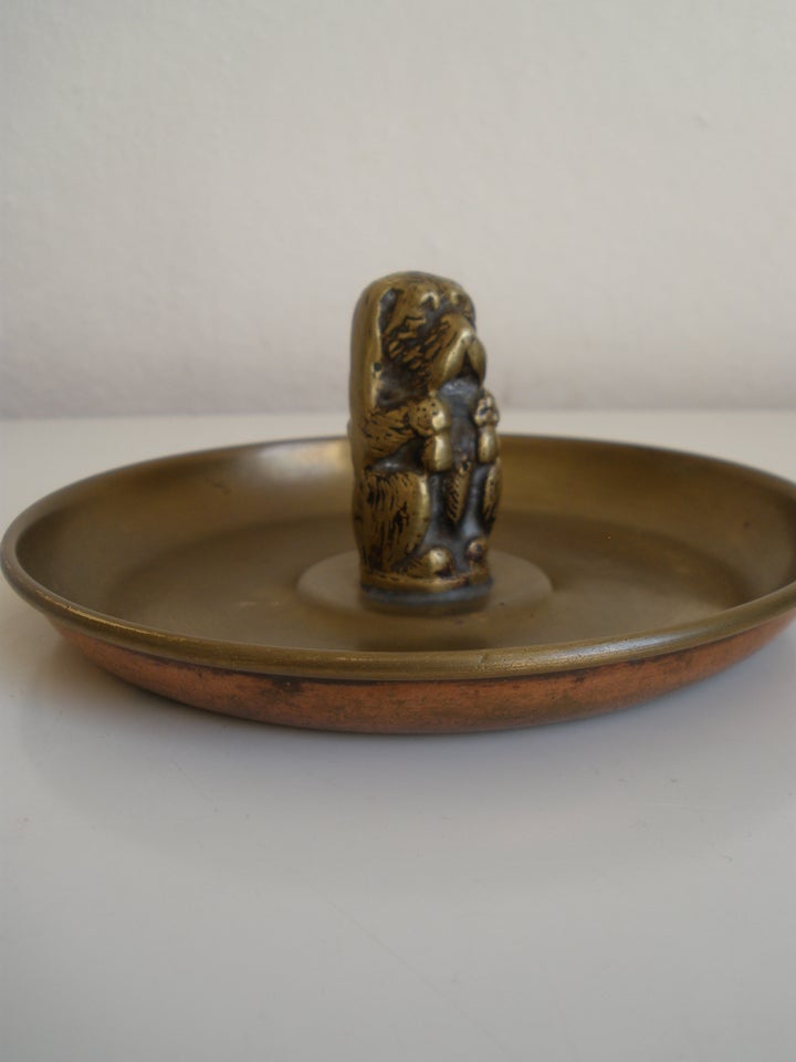 Gammel Bronze Skål Med Hundefigur