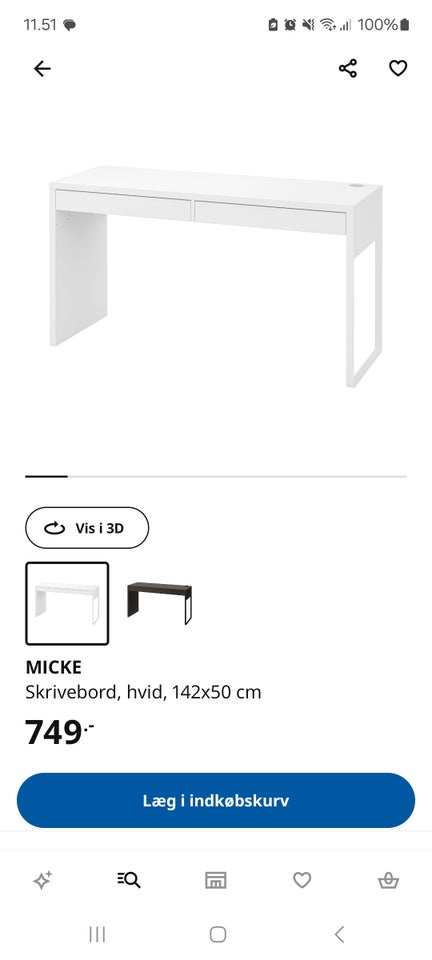 Skrivebord, IKEA, b: 142 d: 50 h: 75