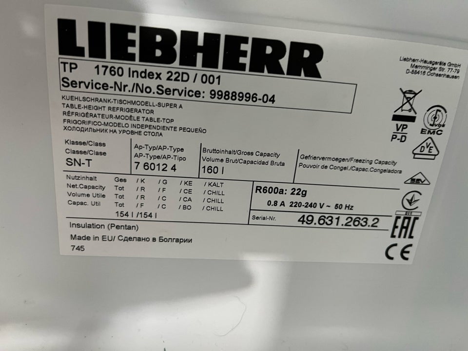 Køle/svaleskab Liebherr TP1760