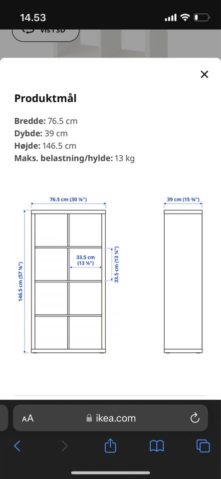 Reol, Ikea, b: 76 d: 39 h: 146