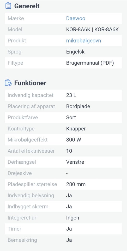 Mikrobølgeovn, Daewoo KOR - 8A6K