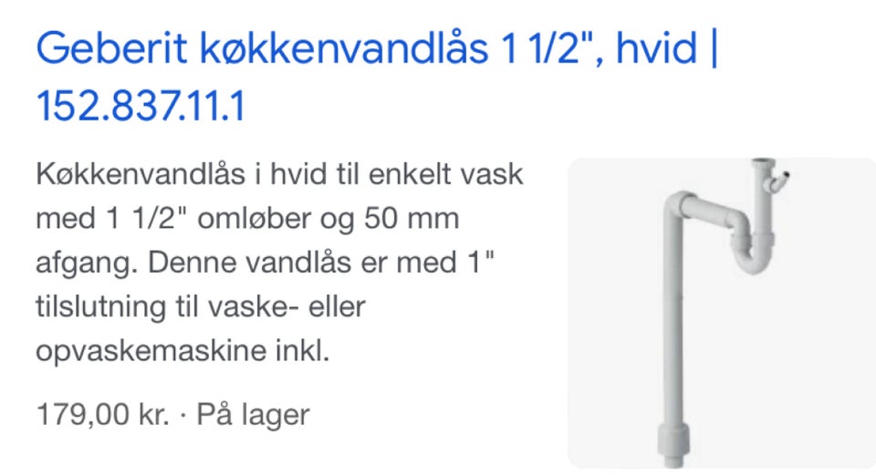 Køkken vandlås , Geberit