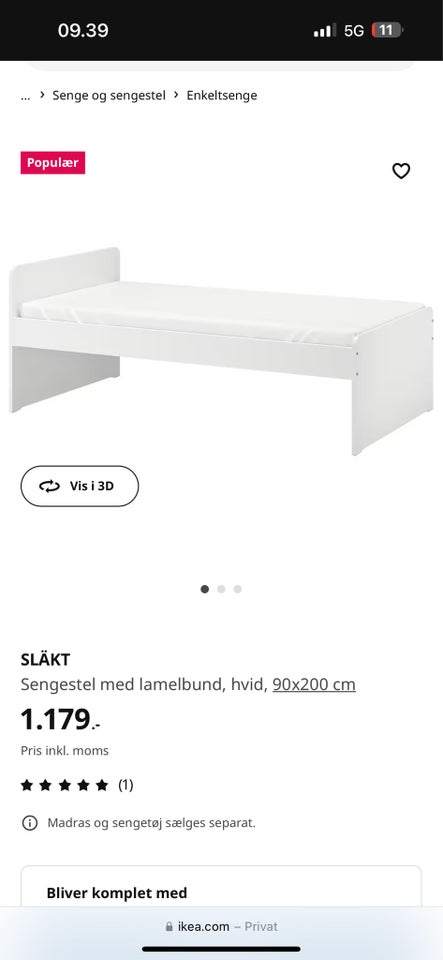 Enkeltseng, SLÄKT ikea, b: 90 l: 200