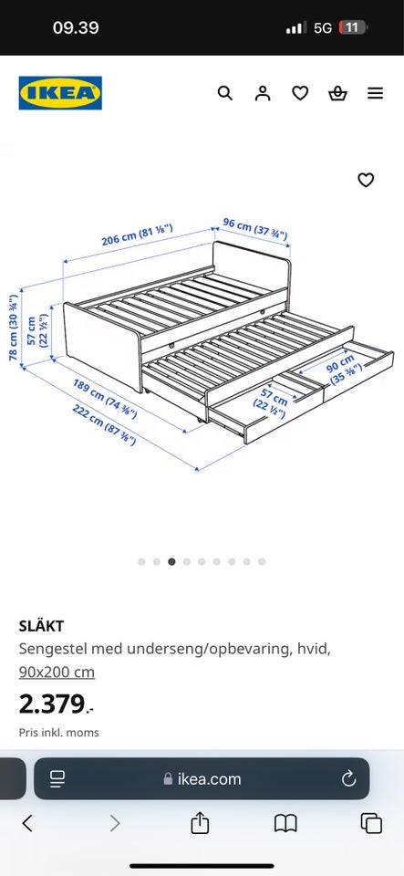 Enkeltseng, SLÄKT ikea, b: 90 l: 200