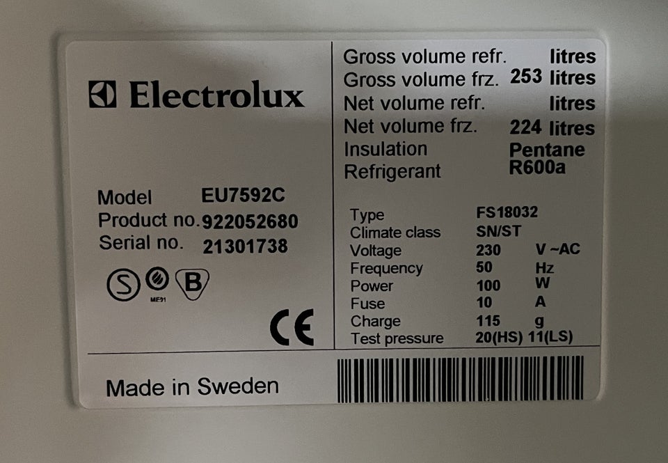 Fryseskab, Electrolux EU7592C,