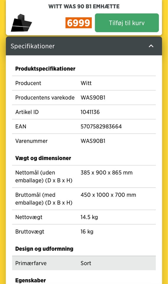 Emhætte, andet mærke Witt WAS 90 B1