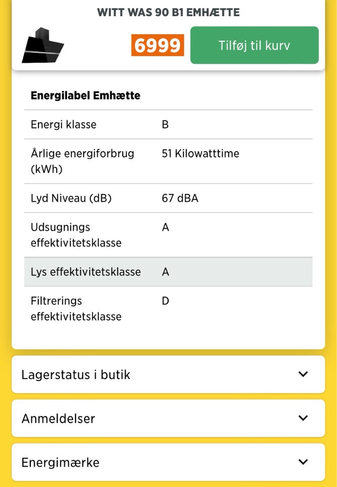 Emhætte, andet mærke Witt WAS 90 B1