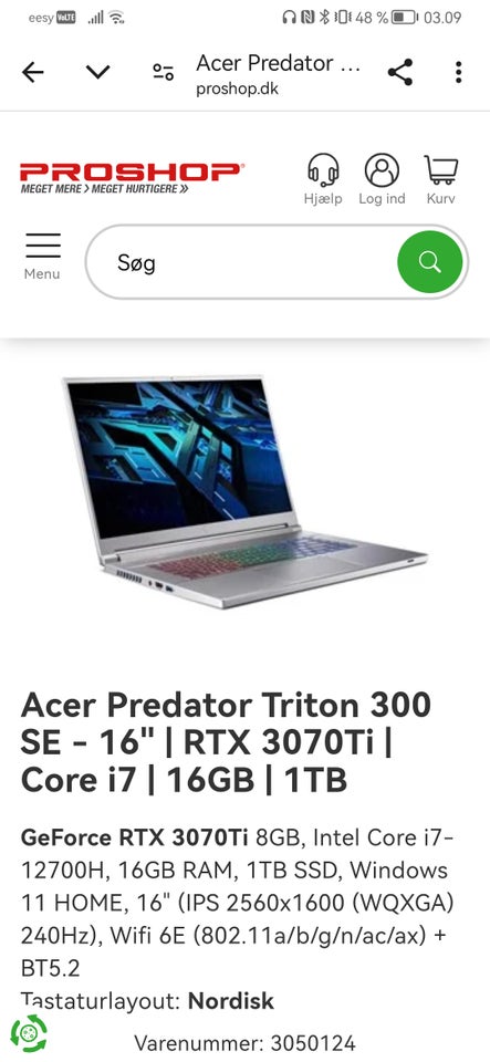 Acer Preditor triton 300 se,