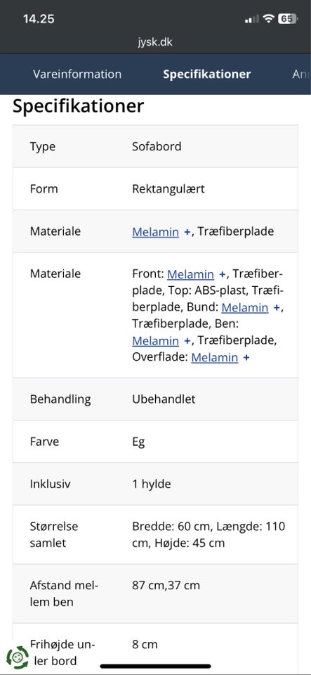 Sofabord, Vedde , vild eg købt i JYSK