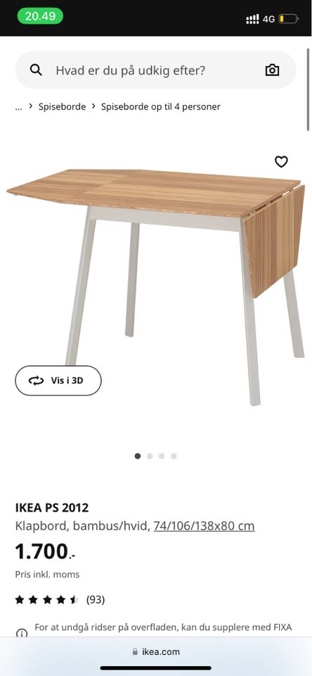 Klapbord, Ikea, b: 74 l: 138 h: 80