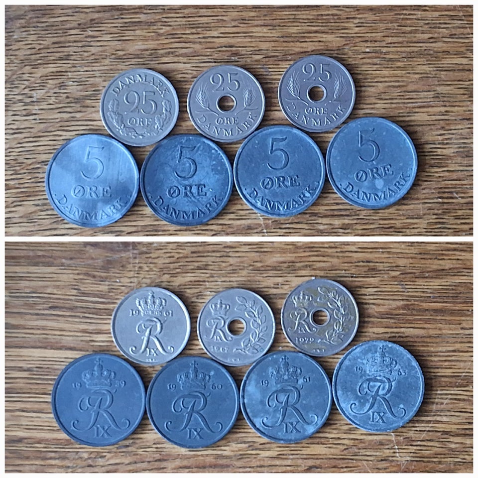 Danmark, mønter, 3x25 ØRE + 4x5 ØRE