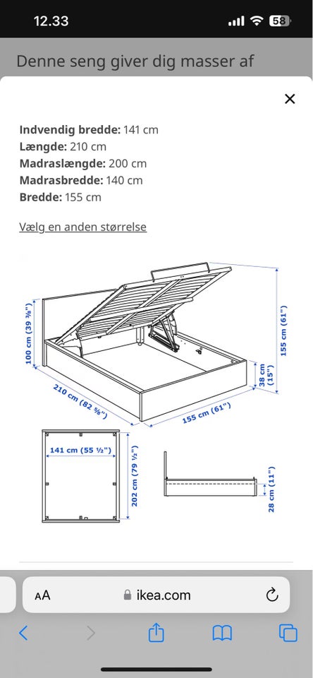 Dobbeltseng, IKEA, b: 155 l: 210 h: