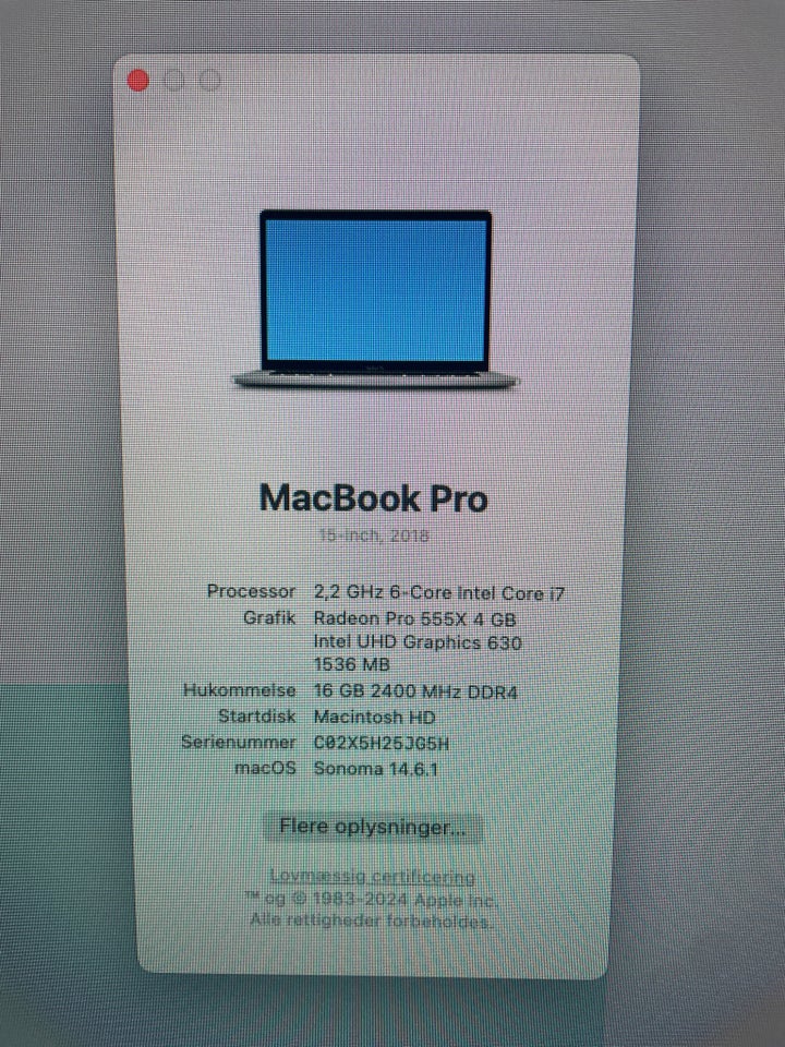 MacBook Pro 15 inch 2018 22 GHz