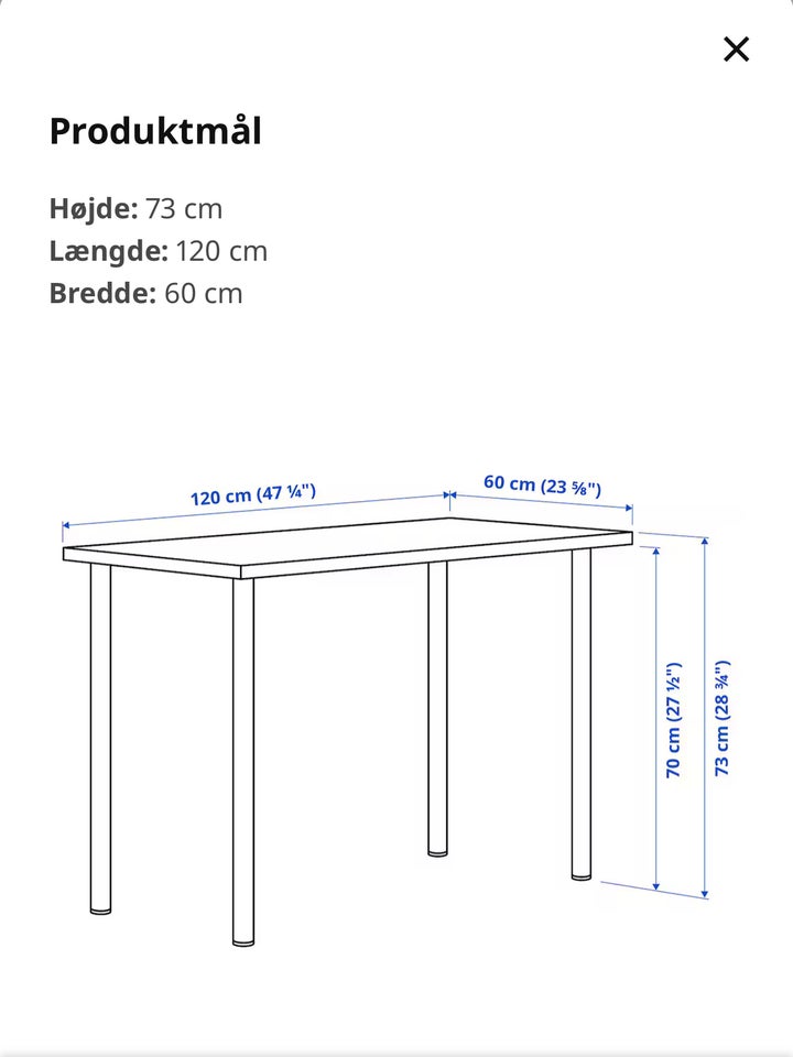 Skrivebord IKEA b: 60 d: 120 h: 73