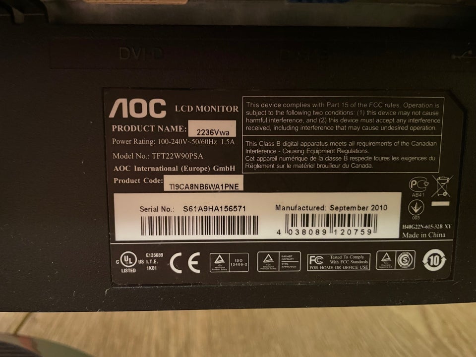 AOC, tft22W90psa, 22 tommer