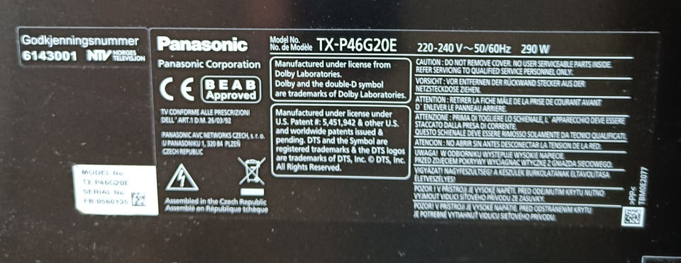 Plasma, Panasonic, TX-P46G20E